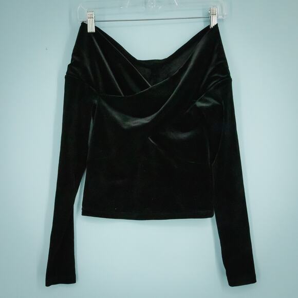 AllSaints Size 0 Black Delta Velvet Off the Shoulder Cross Over V Neck Knit Top - Picture 1 of 6